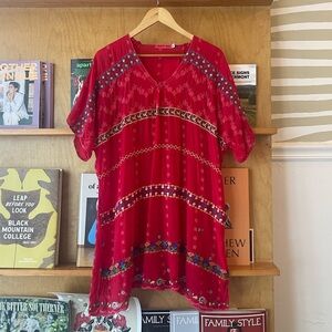 Johnny Was Red Bohemian Embroidered Tunic top size XL